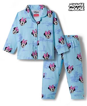 Babyhug Disney Single Jersey Full Sleeves Front Open Night Suit with Minnie Mouse Print - Blue