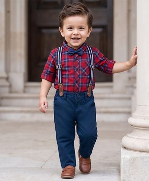 Babyhug Cotton Knit Full Sleeves Checkered Shirt & Jeans Set with Bow & Suspender - Multicolor