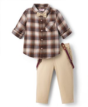 Babyhug Cotton Knit Full Sleeves Shirt & Trouser Set with Suspender & Bow With Checks Print - Cream & Brown