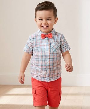 Babyhug Cotton Knit Half Sleeves Shirt & Shorts Set with Bow & Checks Print - White & Coral