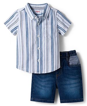 Babyhug Cotton Knit Half Sleeves Striped Shirt & Shorts Set - Blue