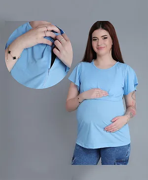 Mama & Bebe Cotton Blend Knit Half Sleeves Solid Maternity Tee WIth Horizontal Open Nursing Access - Sky Blue