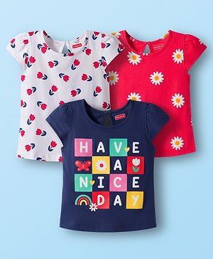 Babyhug 100% Cotton Knit Half Sleeves T-Shirts with Floral & Have A Nice Day Text Print Pack of 3 - Navy Blue Red & White