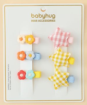 Babyhug Hair Clips with Star & Floral Applique Pack of 6 - Blue Pink
