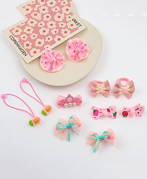 Babyhug Hair Clips & Rubber Bands Combo Set with Floral Applique Free Size - Pink