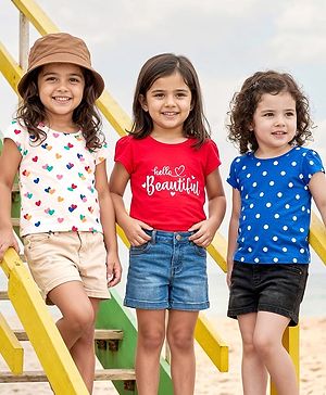 Babyhug 100% Cotton Knit Half Sleeves T-Shirts with Heart & Polka Dot Print Pack of 3 - Navy Blue Red & White
