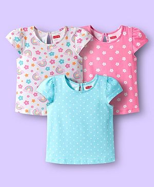Babyhug 100% Cotton Knit Half Sleeves T-Shirts with Floral & Polka Dot Print Pack of 3 - Light Blue Pink & White