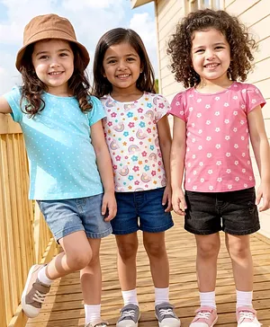 Babyhug 100% Cotton Knit Half Sleeves
                              T-Shirts with Floral & Polka Dot Print
                              Pack of 3 - Light Blue Pink & White