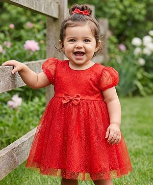 Babyhug Mesh Woven Half Puffed Sleeves Glitter Party Dress With Rhinestones Detailing & Bow Applique - Red