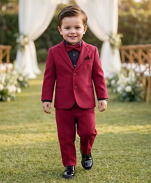 Babyhug Knit Full Sleeves 3 Piece Party Suit With Bow - Maroon
