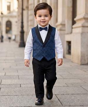 Babyhug Knit Full Sleeves Solid Color 3 Piece Party Suit with Bow - Blue