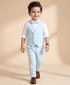 Babyhug Woven Full Sleeves Solid Color 3 Piece Party Suits with Bow - Aqua Blue