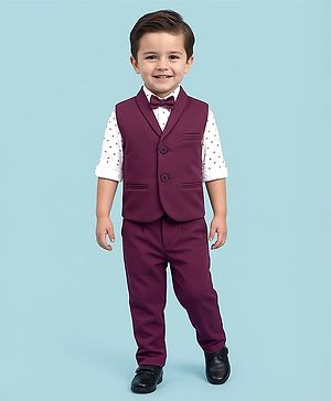Babyhug Woven Full Sleeves 3 Piece Party Suit With Star Print & Bow - Wine