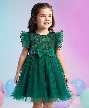 Babyhug Woven Frill Sleeves Mesh Party Dress With Sequin Detailing & Bow Applique - Green