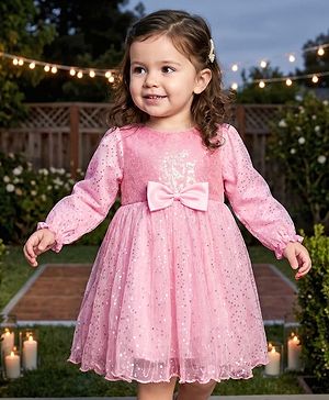 Babyhug Mesh Woven Full Sleeves Party Dress With Sequin Detailing & Bow Applique - Pink