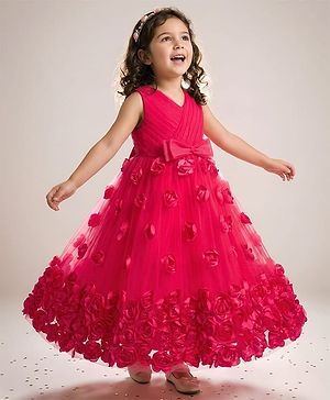 Babyhug 5 Layers Mesh Sleeveless Party Gown With 3D Flower Detailing & Bow Applique With Yoke Pleating - Red