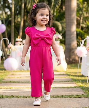 Babyhug Woven Half Sleeves Solid Colour Jumpsuit With Bow Applique - Fuschia