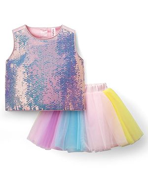 Babyhug Woven Sleeveless Mesh Top & Skirt Set With Sequin Detailing - Multicolour