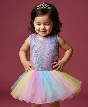Babyhug Woven Sleeveless Mesh Top
                              & Skirt Set With Sequin Detailing -
                              Multicolour
