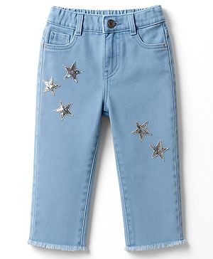 Babyhug Denim Washed Capri With Stretch & Star Applique - Light Blue
