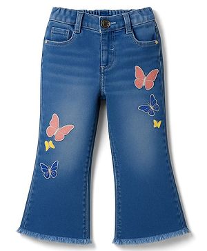 Babyhug Denim Full Length Flared Washed Jeans With Stretch & Butterfly Embroidery - Blue