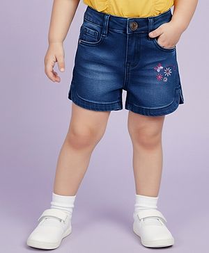 Babyhug Denim Mid Thigh Shorts With Floral Embriodery - Blue