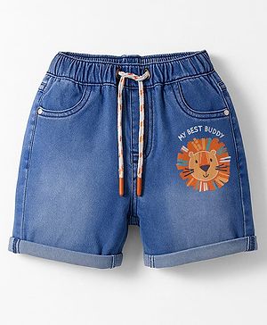 Babyhug Denim Mid Thigh Short With Stretch & Animal Print - Blue