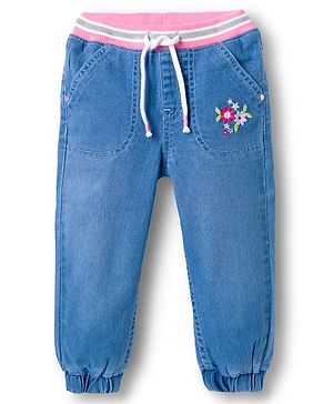 Babyhug Denim Full Length Jogger With Stretch & Floral Embriodery - Blue