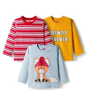 Babyhug 100% Cotton Knit Full Sleeves T-Shirts with Fox Graphic & Stripes Pack of 3 - Red Yellow & Light Blue