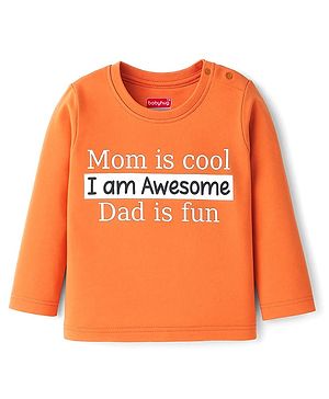 Babyhug 100% Cotton Knit Full Sleeves T-Shirt with Text Graphic - Orange