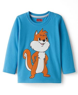 Babyhug 100% Cotton Knit Full Sleeves T-Shirt with Squirrel Graphic - Light Blue