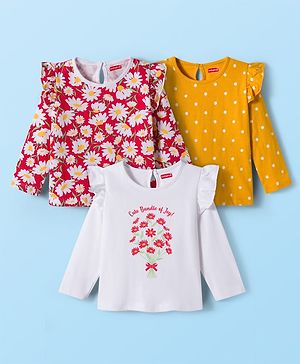 Babyhug 100% Cotton Knit Full Sleeves T-Shirts with Frill Detailing Polka Dots & Floral Print Pack of 3 - Red Yellow & White