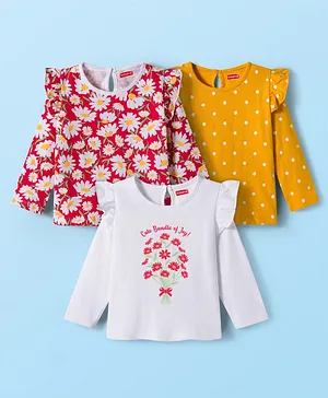 Babyhug 100% Cotton Knit Full Sleeves T-Shirts with Frill Detailing Polka Dots & Floral Print Pack of 3 - Red Yellow & White
