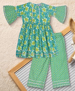 Bella Moda Cotton Woven Half Bell Sleeves Floral Printed Gota Lace Embellished Kurti & Salwar Set - Green