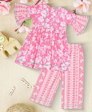 Bella Moda Cotton Woven Half Bell Sleeves Floral Printed Gota Lace Embellished Kurti & Salwar Set - Pink