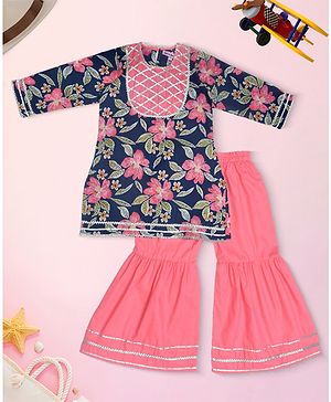 Bella Moda Cotton Woven Three Fourth Sleeves Floral Printed Gota Lace Embellished Kurti & Sharara Set - Pink