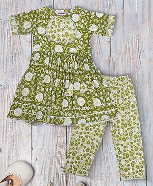 Bella Moda Cotton Woven Half Sleeves Floral Printed Gota Lace Embellished Kurti & Salwar Set - Green