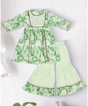 Bella Moda Cotton Woven Three Fourth Sleeves Floral Printed Gota Lace Embellished Kurti & Sharara Set - Green