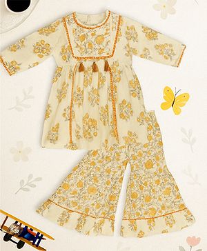 Bella Moda Cotton Woven Three Fourth Sleeves Floral Printed Gota Lace Embellished Kurti & Sharara Set - Yellow