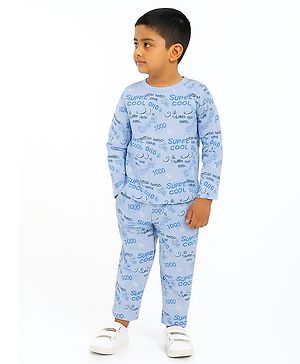 Funkrafts Premium Cotton Full Sleeves Typography Printed Coordinating Tee & Pant Set - Blue