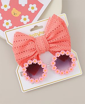 Babyhug Headband & Sunglasses With Bow & Floral Applique Combo Set- Pink