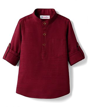 Kookie Kids Cotton Knit Full Sleeves Mandarin Collar Kurta Style Solid Color Shirt - Dark Red