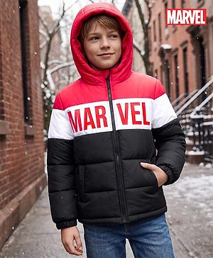 Pine Kids Marvel Woven Full Sleeves Hooded Winter Jacket With Avengers Graphic - Red & Black