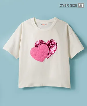 Kookie Kids
                      Single Jersey Knit Drop Shoulder Half Sleeves
                      Oversized T-Shirt with Sequin & Fur Heart
                      Detailing - Off White