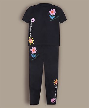 Cherry Crumble By Nitt Hyman Knit Floral Printed Night Suit Set - Black