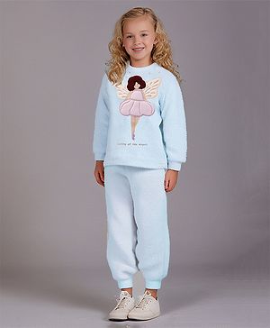 Cherry Crumble By Nitt Hyman Knit Full Sleeves Fairy Embroidered Winter Night Suit Set - Sky Blue