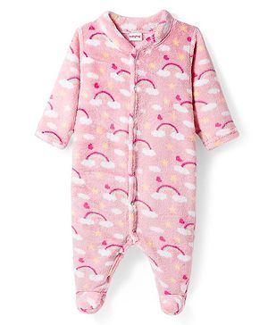 Babyhug Velour Knit Full Sleeves Footed Sleepsuit With Rainbow Print - Pink