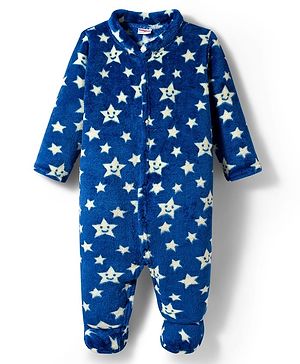 Babyhug Knit Full Sleeves Footed Sleepsuit With Star Print - Navy Blue