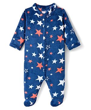 Babyhug Velour Knit Full Sleeves Winter Wear Sleepsuit With Star Print - Navy Blue