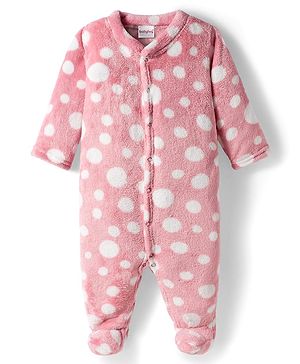 Babyhug Velour Knit Full Sleeves Winter Sleepsuit with Polka Dot - Pink